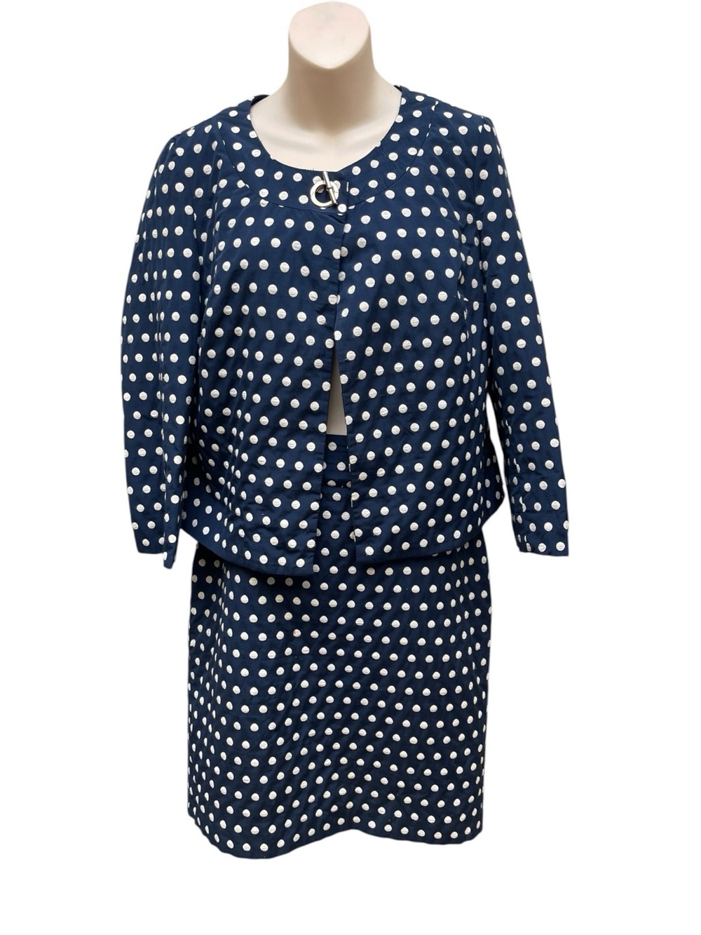 Charter Club Polka Dot Skirt Suit Jacket M Skirt 10 Navy Lined 2 Pc